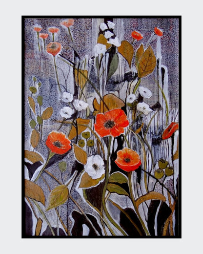 Blumenimpression von Ingrid Huober. Florales Acrylgemälde (70x50 cm). Rote und weiße Blumen auf strukturiertem, dunklem Hintergrund.