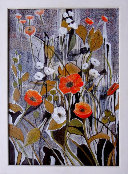 Blumenimpression von Ingrid Huober. Florales Acrylgemälde (70x50 cm). Rote und weiße Blumen auf strukturiertem, dunklem Hintergrund.