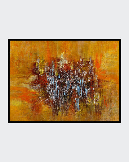 "Bunte Vielfalt" von Ingrid Huober, ein abstraktes Gemälde in warmen Gelb- und Orangetönen, präsentiert eine dynamische Komposition aus Pinselstrichen, Texturen und Linien in Braun, Weiß und Blau. Der zentrale Fokus auf dem goldenen Hintergrund zieht den Betrachter in seinen Bann. Kunstwerk in der Online-Galerie ARTSPACER.