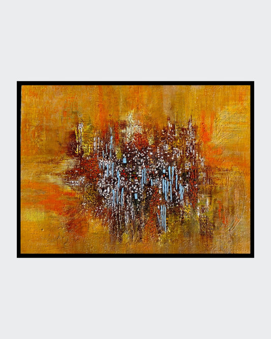 "Bunte Vielfalt" von Ingrid Huober, ein abstraktes Gemälde in warmen Gelb- und Orangetönen, präsentiert eine dynamische Komposition aus Pinselstrichen, Texturen und Linien in Braun, Weiß und Blau. Der zentrale Fokus auf dem goldenen Hintergrund zieht den Betrachter in seinen Bann. Kunstwerk in der Online-Galerie ARTSPACER.