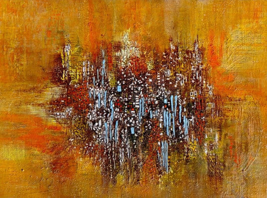 "Bunte Vielfalt" von Ingrid Huober, ein abstraktes Gemälde in warmen Gelb- und Orangetönen, präsentiert eine dynamische Komposition aus Pinselstrichen, Texturen und Linien in Braun, Weiß und Blau. Der zentrale Fokus auf dem goldenen Hintergrund zieht den Betrachter in seinen Bann. Kunstwerk in der Online-Galerie ARTSPACER