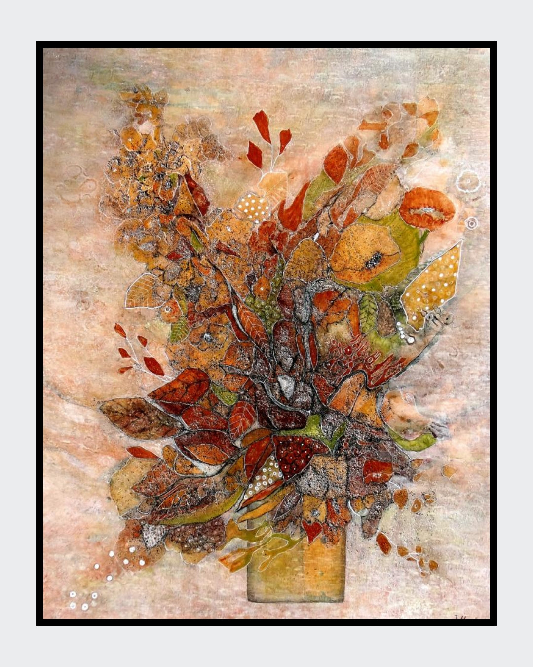 Flowers abstrakt. Acryl-Mischtechnik-Gemälde (100x80 cm). Abstraktes Blumenmotiv mit weißem Schattenfugenrahmen.