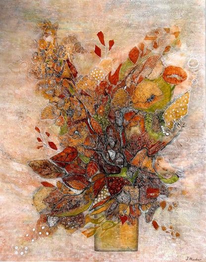 Flowers abstrakt. Acryl-Mischtechnik-Gemälde (100x80 cm). Abstraktes Blumenmotiv mit weißem Schattenfugenrahmen.