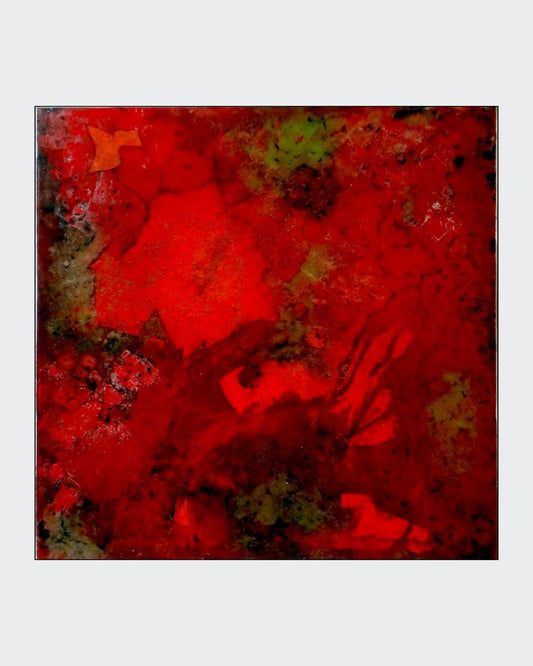 Indian-Summer von Ingrid Huober. Abstraktes Acryl-Mischtechnik-Gemälde in leuchtenden Rottönen mit grünen Akzenten.
