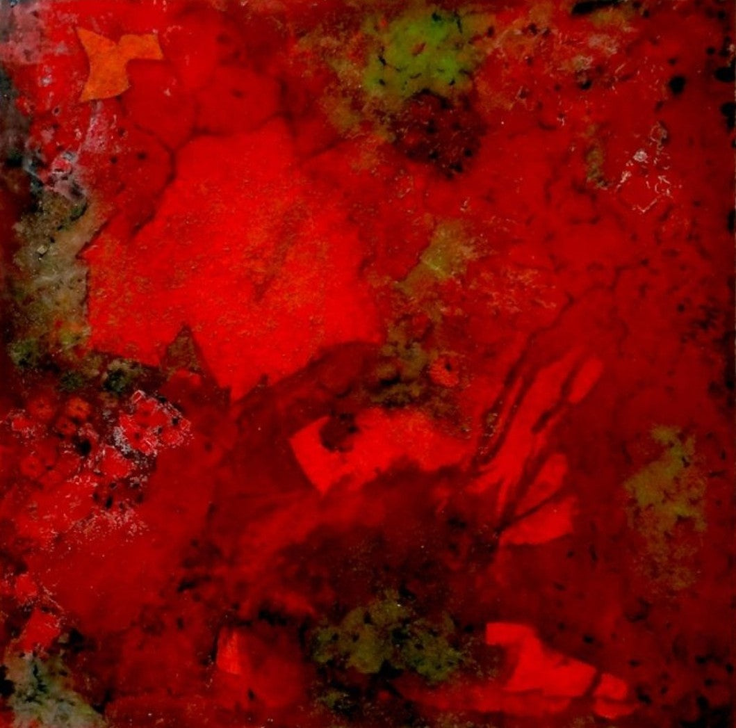 Indian-Summer von Ingrid Huober. Abstraktes Acryl-Mischtechnik-Gemälde in leuchtenden Rottönen mit grünen Akzenten.