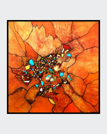 Kaleidoskop von Ingrid Huober. Abstraktes Acrylgemälde in leuchtendem Orange, das eine zentral fragmentierte Gesteinsformation zeigt.