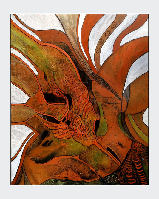"Stürmische Zeiten" von Ingrid Huober, präsentiert in der Online-Galerie ARTSPACER. Das abstrakte Kunstwerk in Mischtechnik (100x80 cm) zeigt dynamische, organische Formen in warmen Erdtönen, die Bewegung und Energie vermitteln.