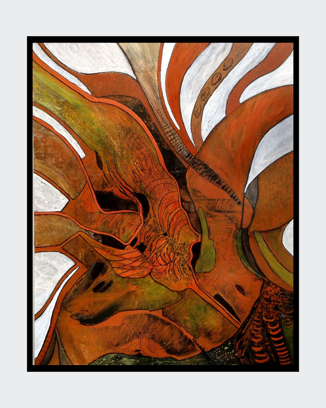 "Stürmische Zeiten" von Ingrid Huober, präsentiert in der Online-Galerie ARTSPACER. Das abstrakte Kunstwerk in Mischtechnik (100x80 cm) zeigt dynamische, organische Formen in warmen Erdtönen, die Bewegung und Energie vermitteln.