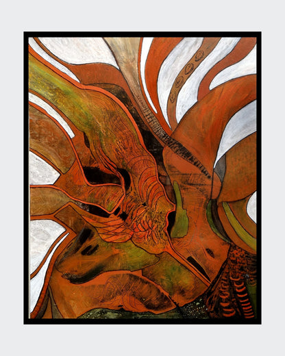 "Stürmische Zeiten" von Ingrid Huober, präsentiert in der Online-Galerie ARTSPACER. Das abstrakte Kunstwerk in Mischtechnik (100x80 cm) zeigt dynamische, organische Formen in warmen Erdtönen, die Bewegung und Energie vermitteln.