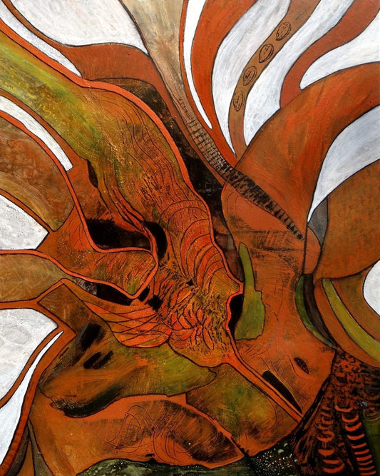 "Stürmische Zeiten" von Ingrid Huober, präsentiert in der Online-Galerie ARTSPACER. Das abstrakte Kunstwerk in Mischtechnik (100x80 cm) zeigt dynamische, organische Formen in warmen Erdtönen, die Bewegung und Energie vermitteln.