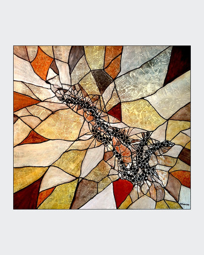 Abstraktes Kunstwerk von Ingrid Huober im Tiffany-Stil. Die Komposition besteht aus mosaikartigen Formen in warmen Erdtönen – Beige, Braun, Ocker und Rot – mit schwarzen, netzartigen Elementen in der Mitte. Die Acryl-Mischtechnik erzeugt eine strukturierte, fast glasartige Oberfläche.