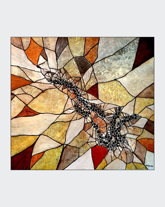 Abstraktes Kunstwerk von Ingrid Huober im Tiffany-Stil. Die Komposition besteht aus mosaikartigen Formen in warmen Erdtönen – Beige, Braun, Ocker und Rot – mit schwarzen, netzartigen Elementen in der Mitte. Die Acryl-Mischtechnik erzeugt eine strukturierte, fast glasartige Oberfläche.