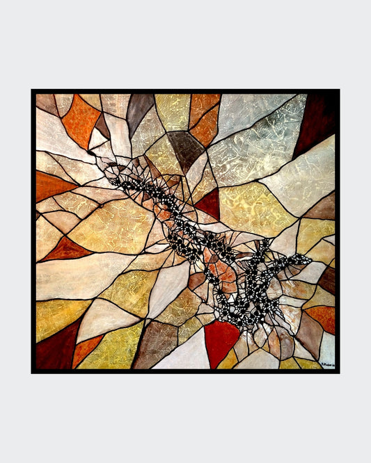 Abstraktes Kunstwerk von Ingrid Huober im Tiffany-Stil. Die Komposition besteht aus mosaikartigen Formen in warmen Erdtönen – Beige, Braun, Ocker und Rot – mit schwarzen, netzartigen Elementen in der Mitte. Die Acryl-Mischtechnik erzeugt eine strukturierte, fast glasartige Oberfläche.