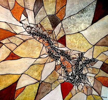 Abstraktes Kunstwerk von Ingrid Huober im Tiffany-Stil. Die Komposition besteht aus mosaikartigen Formen in warmen Erdtönen – Beige, Braun, Ocker und Rot – mit schwarzen, netzartigen Elementen in der Mitte. Die Acryl-Mischtechnik erzeugt eine strukturierte, fast glasartige Oberfläche.