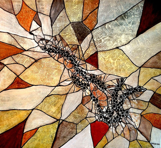 Abstraktes Kunstwerk von Ingrid Huober im Tiffany-Stil. Die Komposition besteht aus mosaikartigen Formen in warmen Erdtönen – Beige, Braun, Ocker und Rot – mit schwarzen, netzartigen Elementen in der Mitte. Die Acryl-Mischtechnik erzeugt eine strukturierte, fast glasartige Oberfläche.