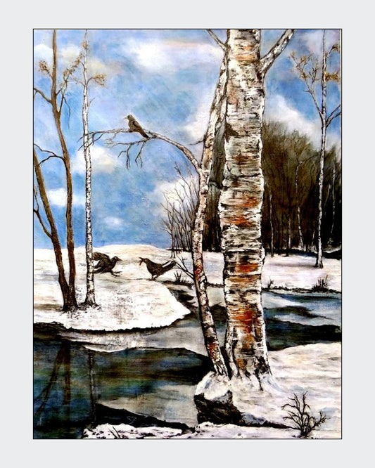 Wenn zwei sich streiten... von Ingrid Huober. Figuratives Acrylgemälde (80x60 cm). Winterlandschaft mit Birken, Schnee, einem Bach und drei Vögeln.