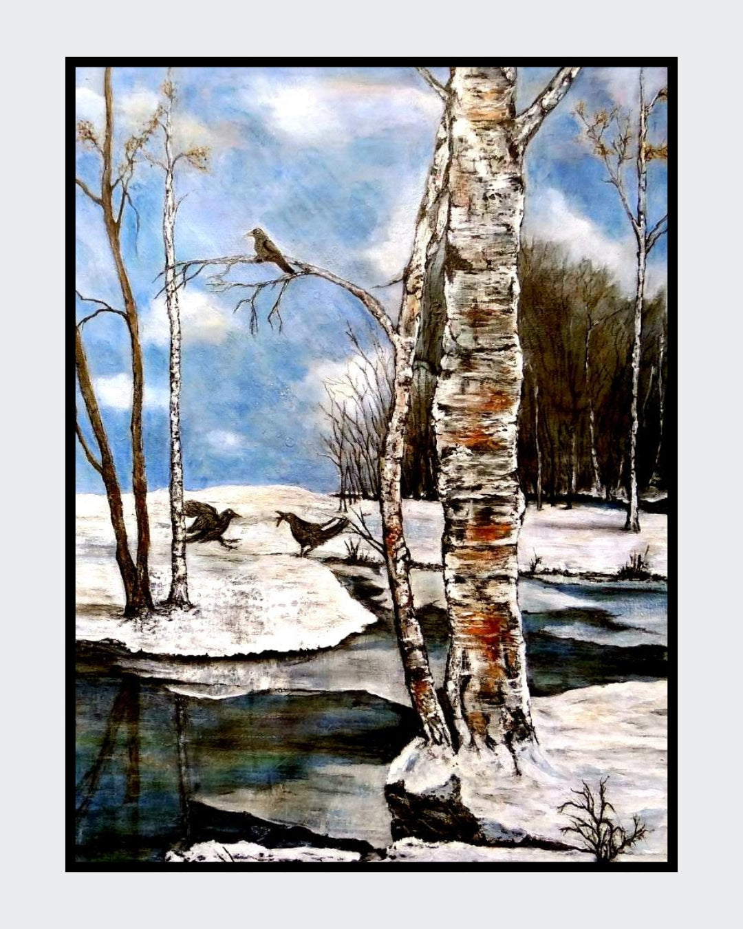 Wenn zwei sich streiten... von Ingrid Huober. Figuratives Acrylgemälde (80x60 cm). Winterlandschaft mit Birken, Schnee, einem Bach und drei Vögeln.