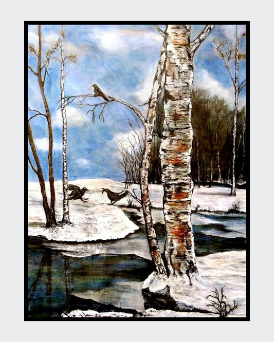 Wenn zwei sich streiten... von Ingrid Huober. Figuratives Acrylgemälde (80x60 cm). Winterlandschaft mit Birken, Schnee, einem Bach und drei Vögeln.