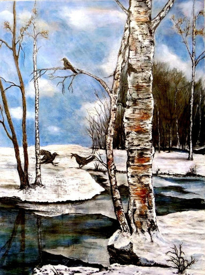Wenn zwei sich streiten... von Ingrid Huober. Figuratives Acrylgemälde (80x60 cm). Winterlandschaft mit Birken, Schnee, einem Bach und drei Vögeln.