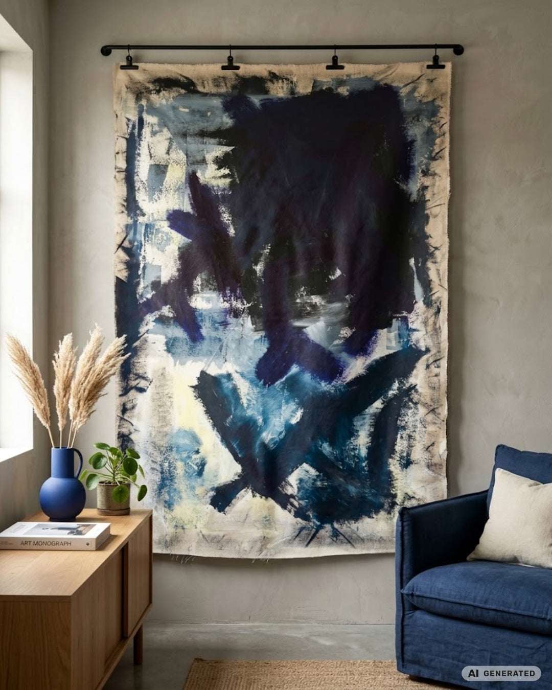 Großformatige abstrakte Acrylmalerei „Apocalypse Now / Die Apokalypse“ von Isabelle Cannas mit dunklen Flächen, leuchtenden Kontrasten und expressiven Farbspuren.