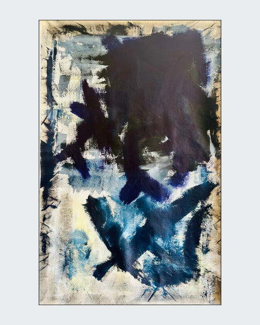 Großformatige abstrakte Acrylmalerei „Apocalypse Now / Die Apokalypse“ von Isabelle Cannas mit dunklen Flächen, leuchtenden Kontrasten und expressiven Farbspuren.
