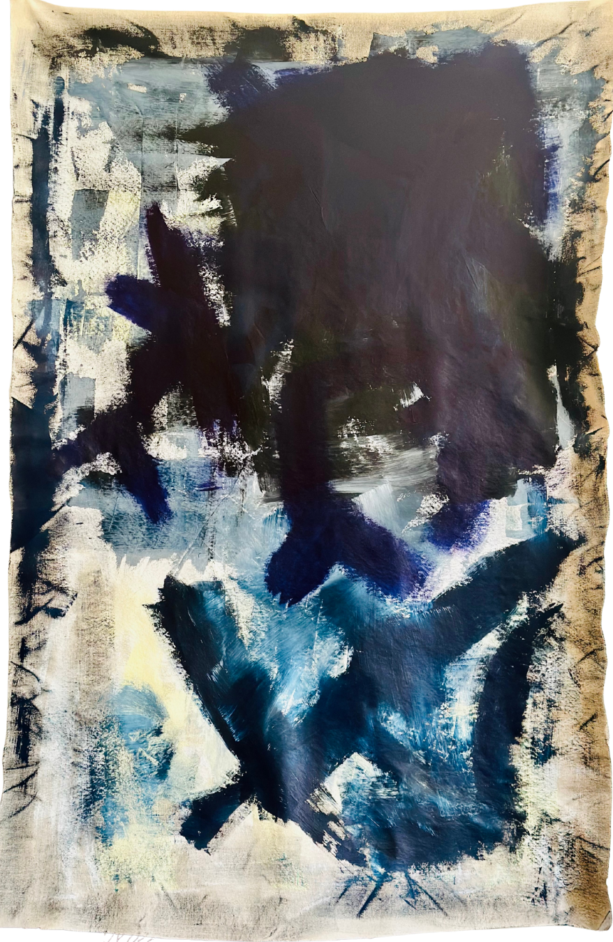 Großformatige abstrakte Acrylmalerei „Apocalypse Now / Die Apokalypse“ von Isabelle Cannas mit dunklen Flächen, leuchtenden Kontrasten und expressiven Farbspuren.