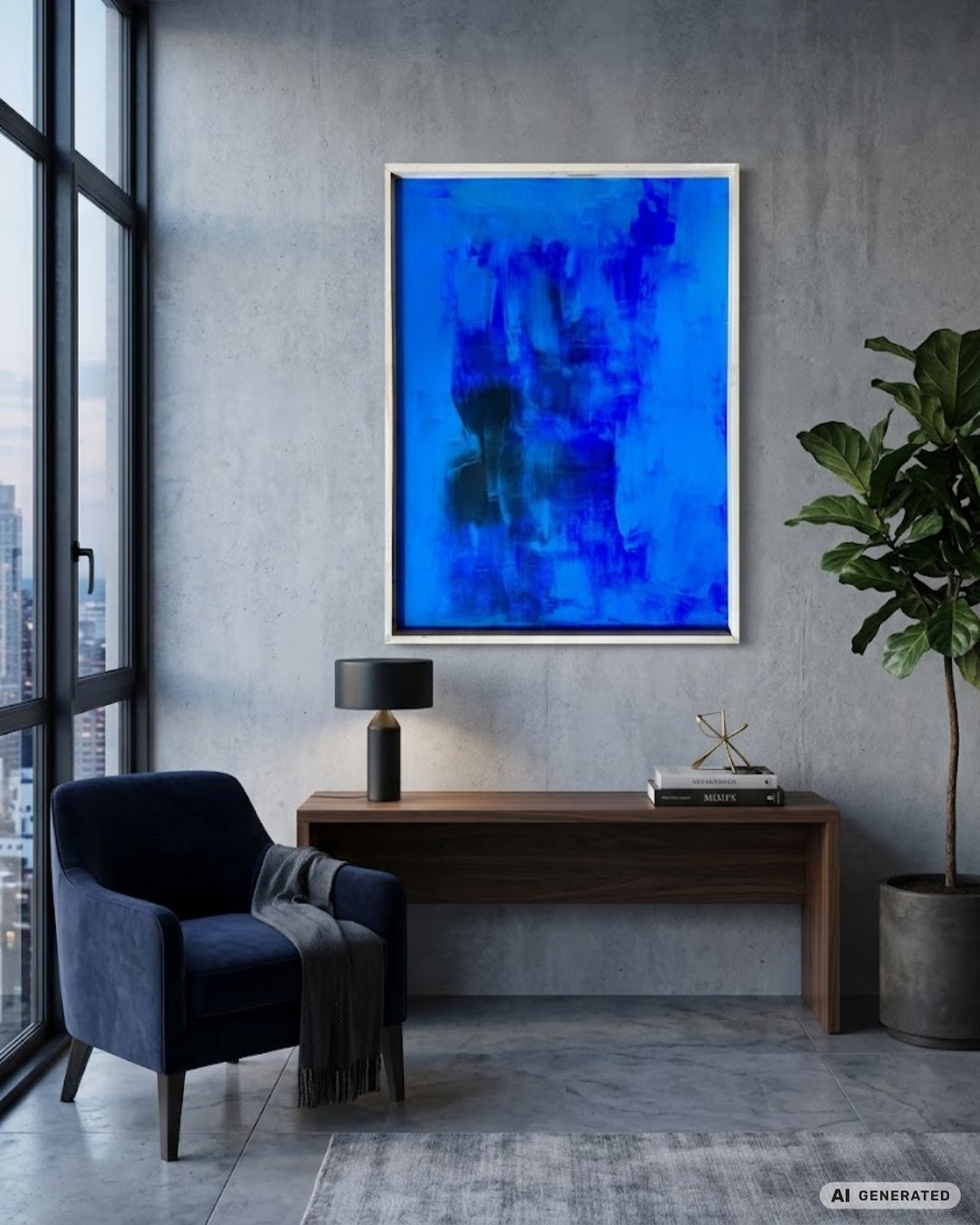 Abstrakte Acrylmalerei „Blue Dragon / Der blaue Drache“ von Isabelle Cannas in intensiven Blau- und Türkistönen mit dunklen gestischen Linien.