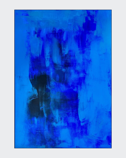 Abstrakte Acrylmalerei „Blue Dragon / Der blaue Drache“ von Isabelle Cannas in intensiven Blau- und Türkistönen mit dunklen gestischen Linien.