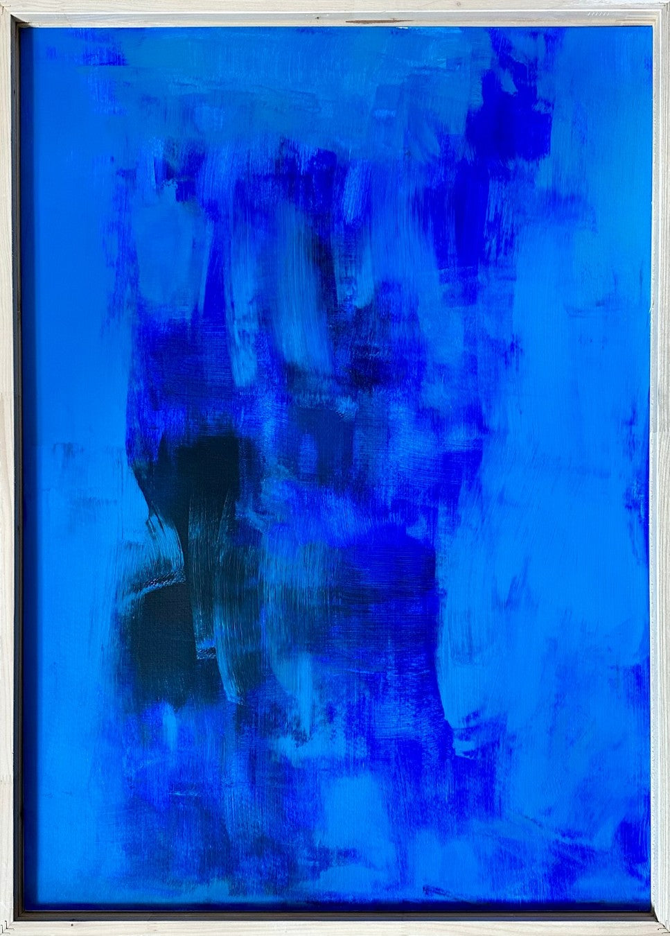 Abstrakte Acrylmalerei „Blue Dragon / Der blaue Drache“ von Isabelle Cannas in intensiven Blau- und Türkistönen mit dunklen gestischen Linien.
