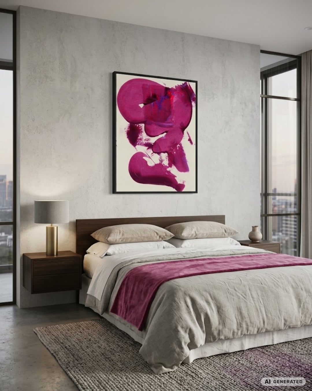 Abstrakte Acrylmalerei „Love From Within / Verinnerlichte Liebe“ von Isabelle Cannas mit Rot-, Rosa- und Blautönen, gerahmt mit Passepartout.
