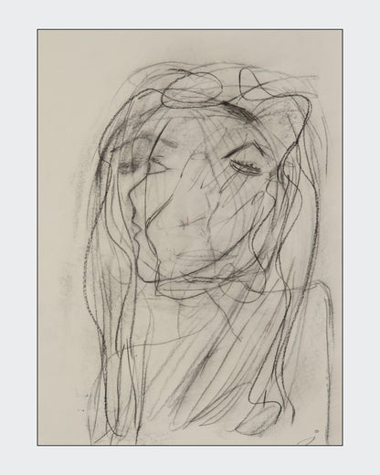 Expressives Porträt „Soul I / Inneres Leben I“ von Isabelle Cannas aus Bleistift, Ölpastell und Kreide mit fragmentierten Linien und Farbflächen.