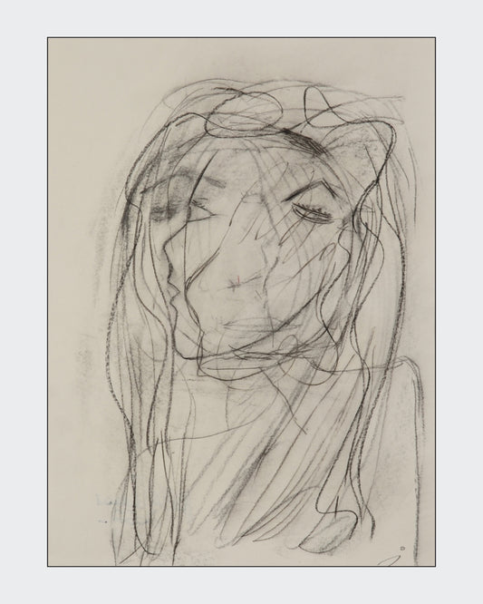 Expressives Porträt „Soul I / Inneres Leben I“ von Isabelle Cannas aus Bleistift, Ölpastell und Kreide mit fragmentierten Linien und Farbflächen.