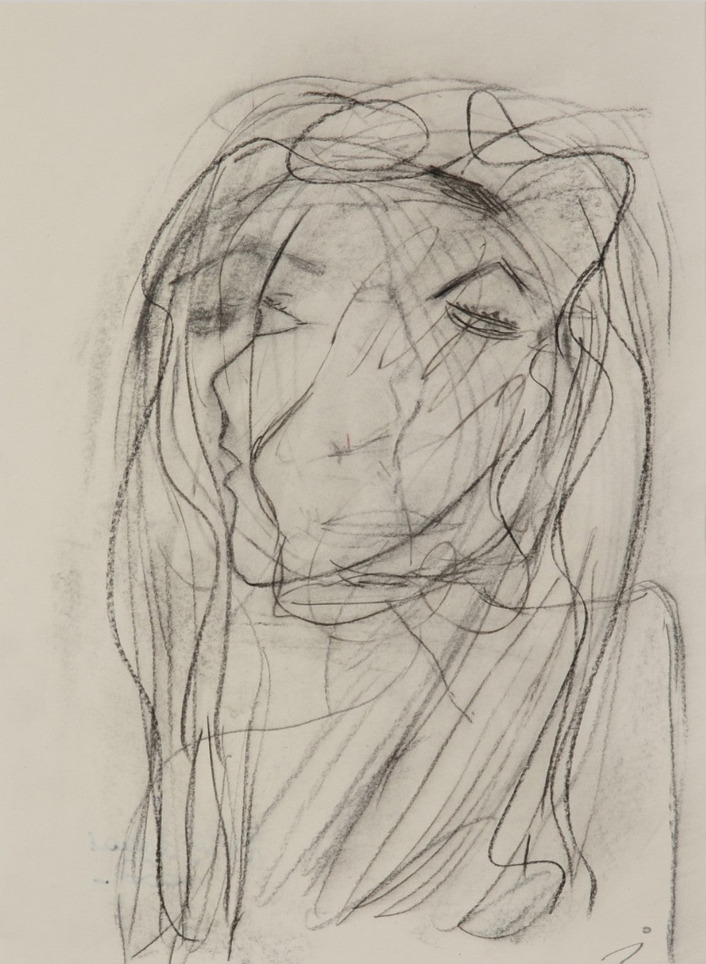 Expressives Porträt „Soul I / Inneres Leben I“ von Isabelle Cannas aus Bleistift, Ölpastell und Kreide mit fragmentierten Linien und Farbflächen.