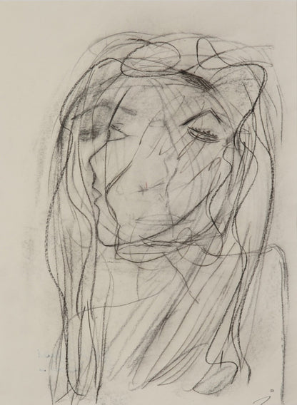 Expressives Porträt „Soul I / Inneres Leben I“ von Isabelle Cannas aus Bleistift, Ölpastell und Kreide mit fragmentierten Linien und Farbflächen.
