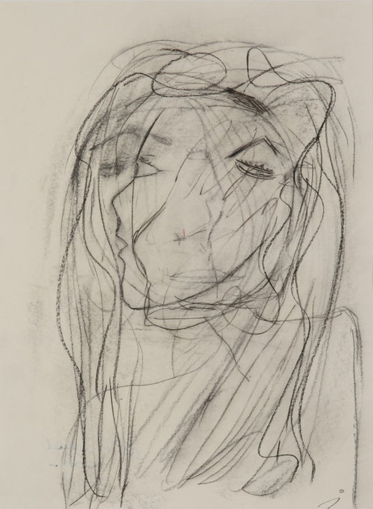 Expressives Porträt „Soul I / Inneres Leben I“ von Isabelle Cannas aus Bleistift, Ölpastell und Kreide mit fragmentierten Linien und Farbflächen.
