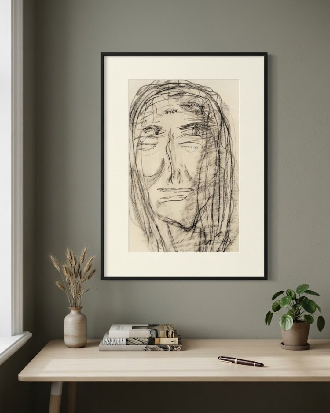 Expressives Porträt „Soul II / Inneres Leben II“ von Isabelle Cannas aus Bleistift, Ölpastell und Kreide mit freien Linien und vielschichtigen Flächen.