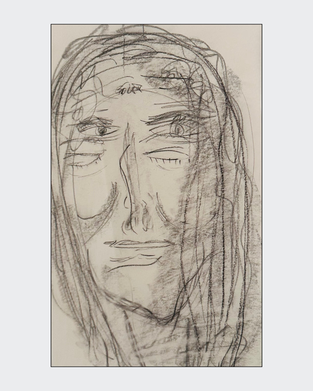 Expressives Porträt „Soul II / Inneres Leben II“ von Isabelle Cannas aus Bleistift, Ölpastell und Kreide mit freien Linien und vielschichtigen Flächen.