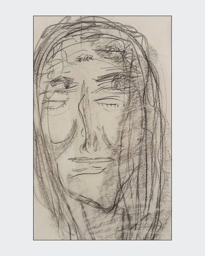 Expressives Porträt „Soul II / Inneres Leben II“ von Isabelle Cannas aus Bleistift, Ölpastell und Kreide mit freien Linien und vielschichtigen Flächen.