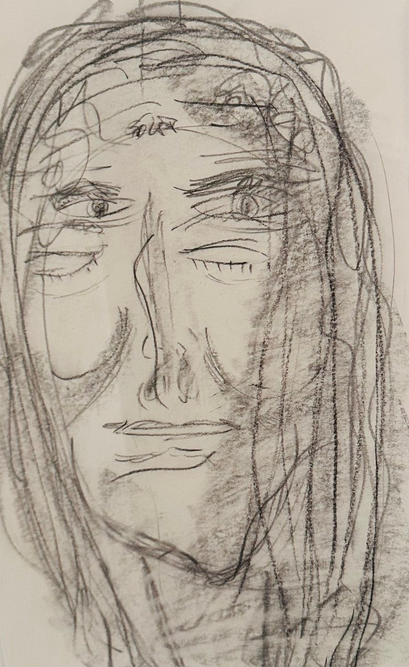 Expressives Porträt „Soul II / Inneres Leben II“ von Isabelle Cannas aus Bleistift, Ölpastell und Kreide mit freien Linien und vielschichtigen Flächen.