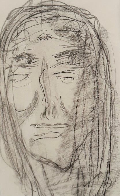 Expressives Porträt „Soul II / Inneres Leben II“ von Isabelle Cannas aus Bleistift, Ölpastell und Kreide mit freien Linien und vielschichtigen Flächen.