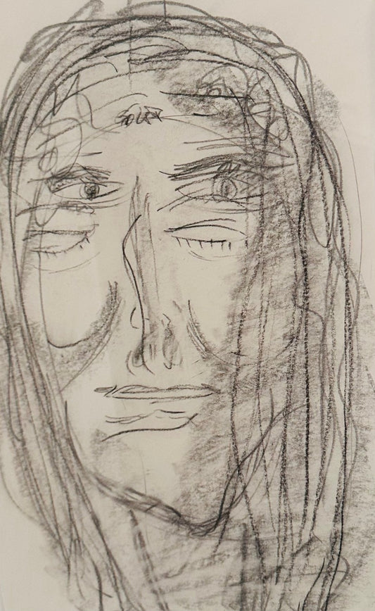 Expressives Porträt „Soul II / Inneres Leben II“ von Isabelle Cannas aus Bleistift, Ölpastell und Kreide mit freien Linien und vielschichtigen Flächen.