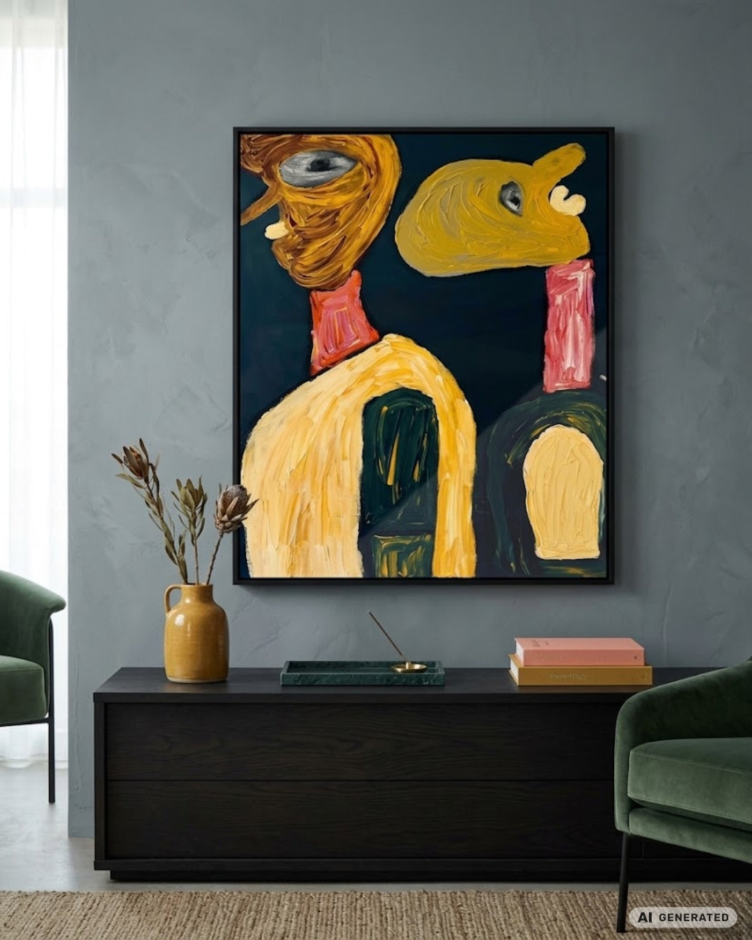 Figurativ-abstrakte Acrylmalerei „This Is How We Communicate“ von Isabelle Cannas mit fragmentierten Formen, expressiven Linien und kontrastreichen Farbfeldern.