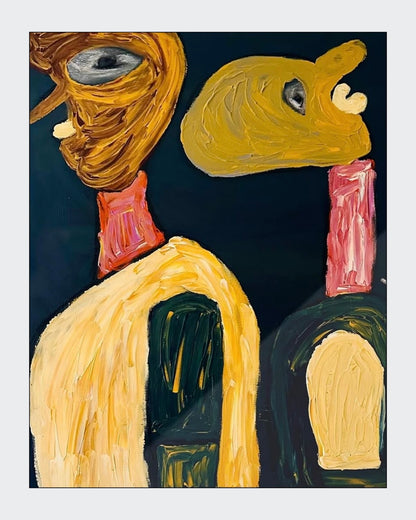 Figurativ-abstrakte Acrylmalerei „This Is How We Communicate“ von Isabelle Cannas mit fragmentierten Formen, expressiven Linien und kontrastreichen Farbfeldern.
