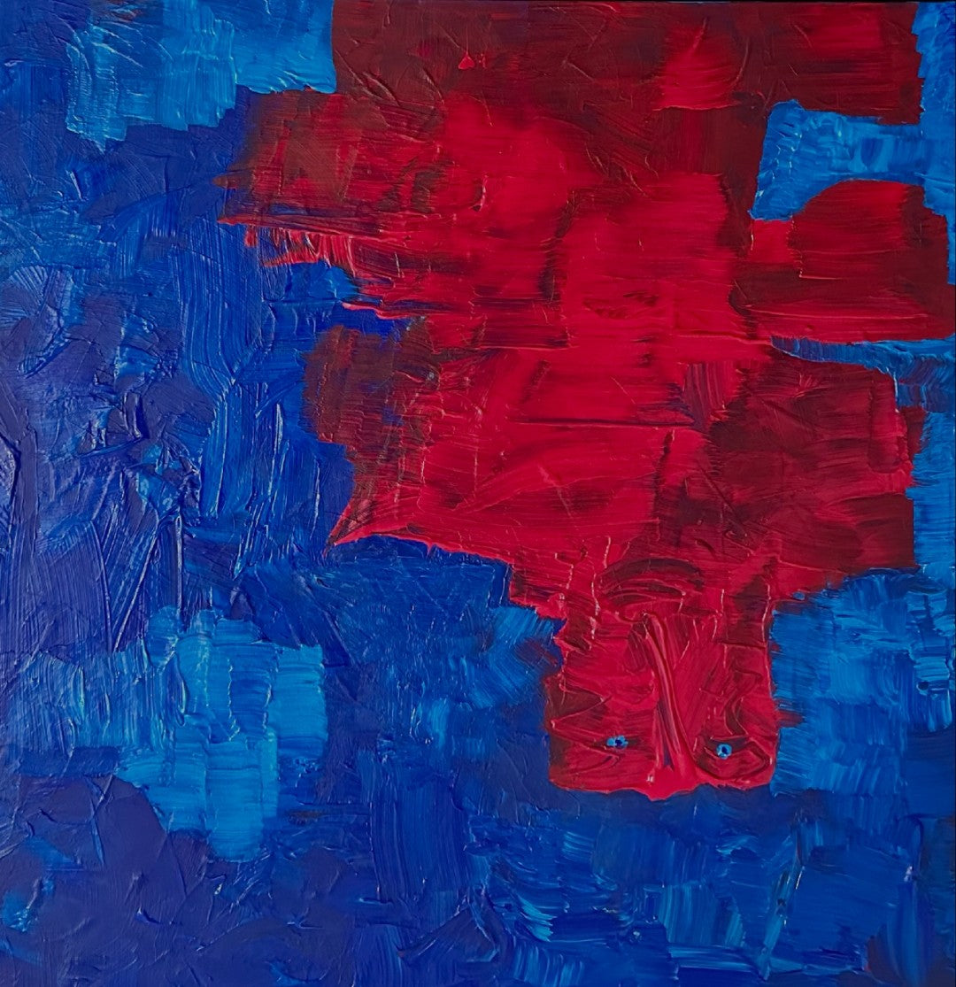 Quadratische Acrylmalerei „Upside Down / Kopf Über“ von Isabelle Cannas mit kräftigen Farbfeldern, freien Linien und fragmentierten abstrakten Formen.