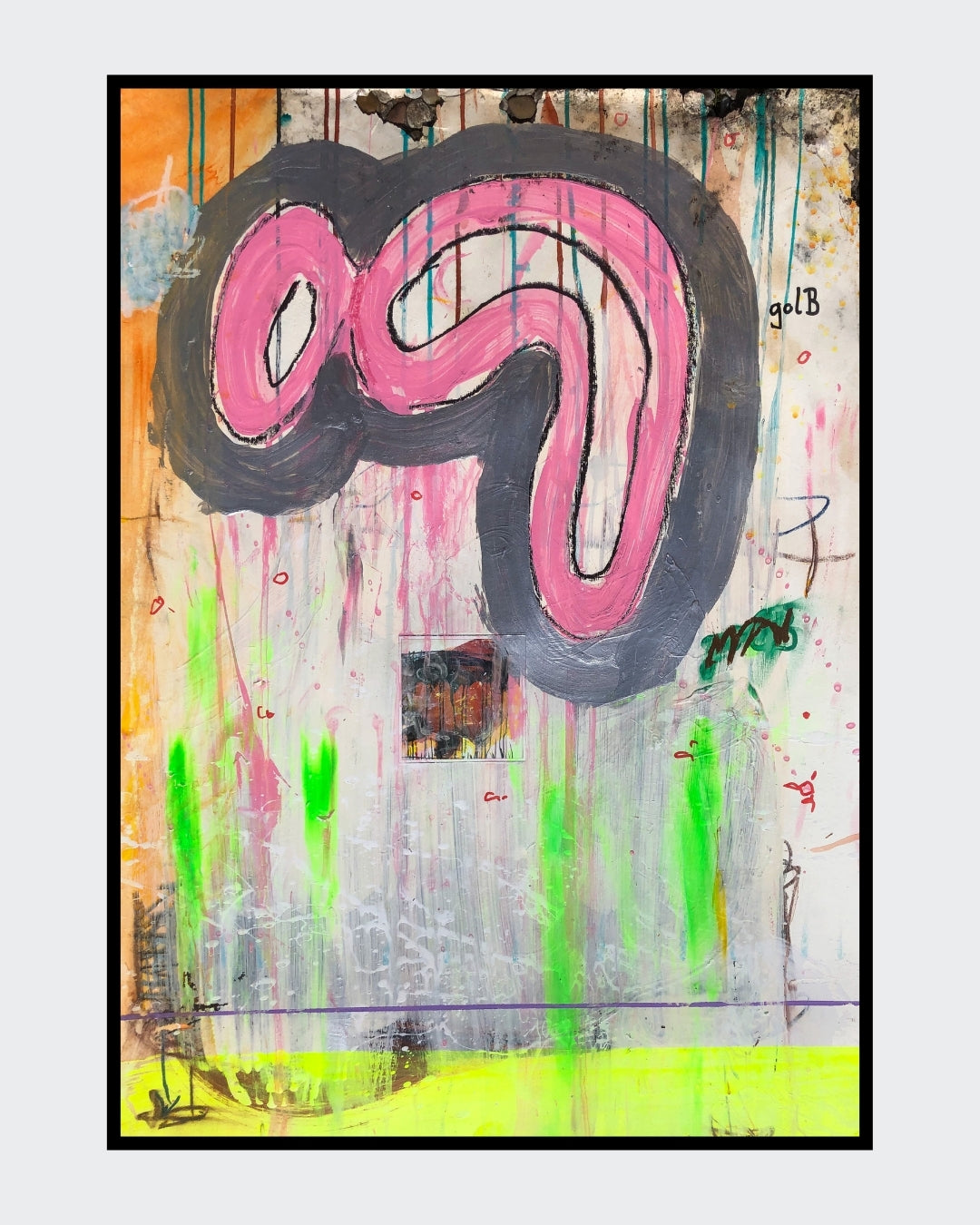 BLOG REVERSED 01 von Jens Joneleit, Mixed‑Media‑Unikat auf Papier 70 × 50 cm; rosa Form mit grauer Kontur, Neon‑grüne Drips, gelbes Band, Collage‑Fragment | ARTSPACER