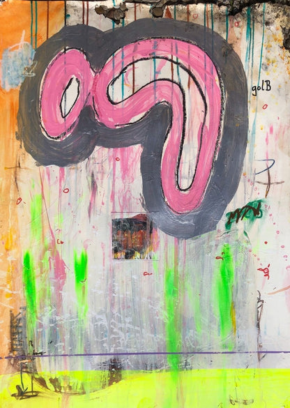 BLOG REVERSED 01 von Jens Joneleit, Mixed‑Media‑Unikat auf Papier 70 × 50 cm; rosa Form mit grauer Kontur, Neon‑grüne Drips, gelbes Band, Collage‑Fragment | ARTSPACER