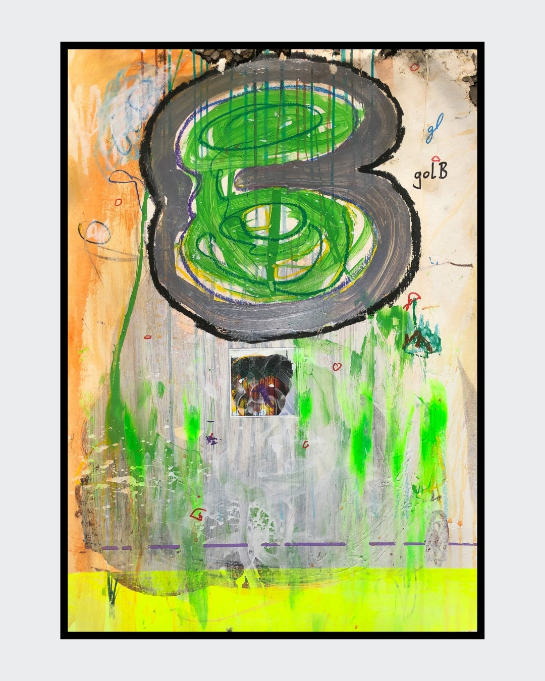 BLOG REVERSED 02 von Jens Joneleit, Mixed‑Media‑Unikat auf Papier 70 × 50 cm; grüner Formzug mit grauer Kontur, Neon‑Akzente, Collage, malerische Schichtungen | ARTSPACER