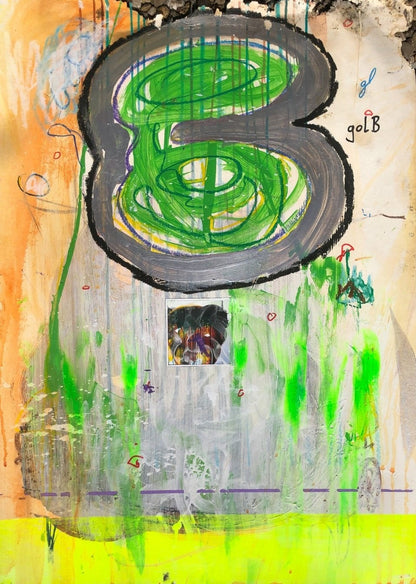 BLOG REVERSED 02 von Jens Joneleit, Mixed‑Media‑Unikat auf Papier 70 × 50 cm; grüner Formzug mit grauer Kontur, Neon‑Akzente, Collage, malerische Schichtungen | ARTSPACER