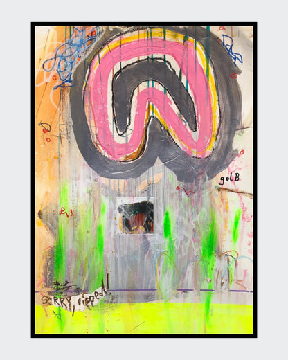 BLOG REVERSED 03 von Jens Joneleit, Mixed‑Media‑Unikat auf Papier 70 × 50 cm; rosa signethafte Form mit dunkler Kontur, Neon‑grüne Drips, gelbes Band, kleines Collage‑Fragment | ARTSPACER