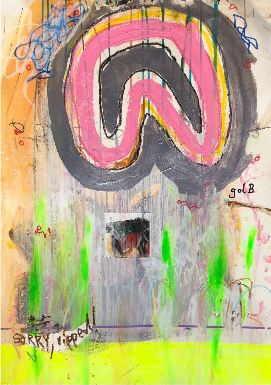 BLOG REVERSED 03 von Jens Joneleit, Mixed‑Media‑Unikat auf Papier 70 × 50 cm; rosa signethafte Form mit dunkler Kontur, Neon‑grüne Drips, gelbes Band, kleines Collage‑Fragment | ARTSPACER